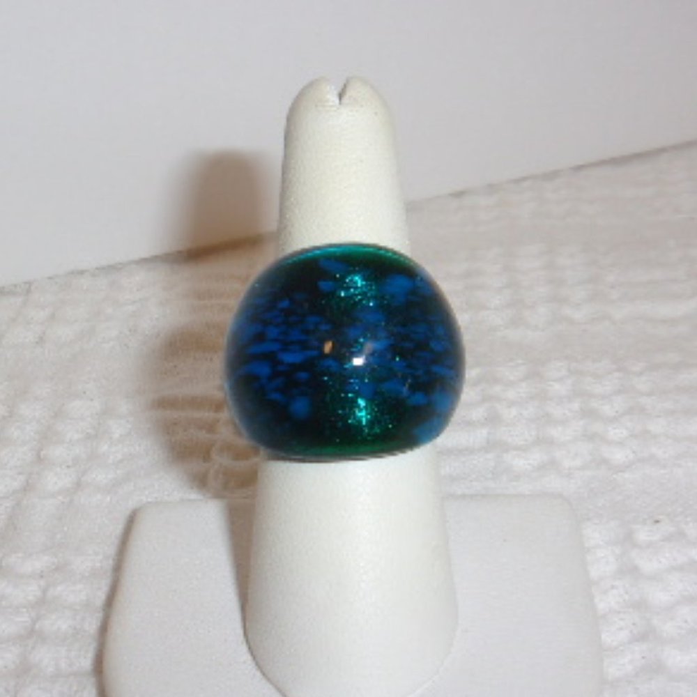 Blue Green Glass Dome Statement Ring